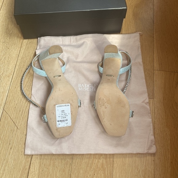 BADGLEY MISCHKA Tasmine Metallic Crystal Ankle-Strap Sandals, Soft Blue 9.5 - Picture 7 of 12